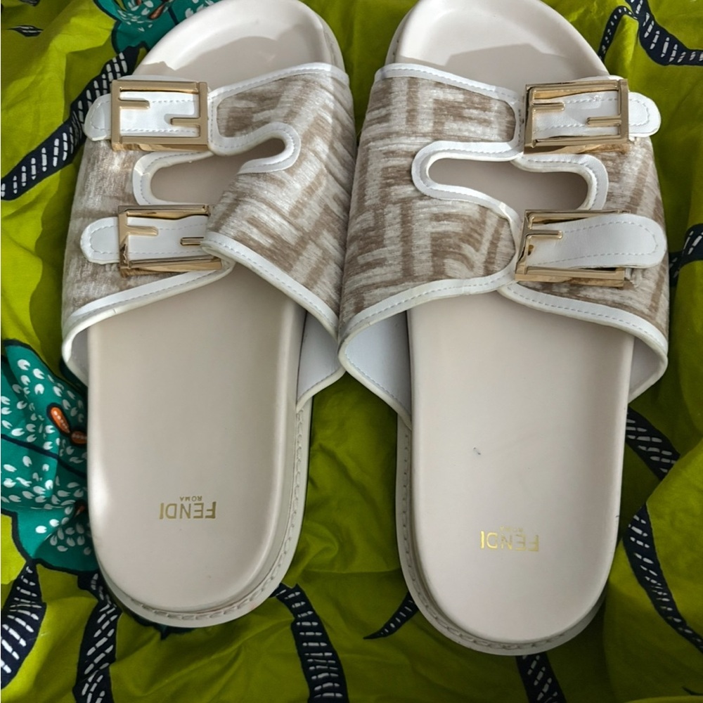 Fendi Beige Monogram Slide Sandals with Gold Buckles